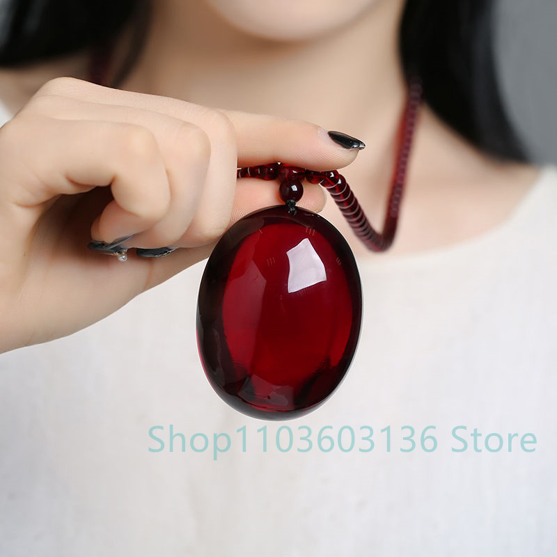 Men Accessories Ethnic - Natural Burgundy Amber Beeswax Pendant Necklace