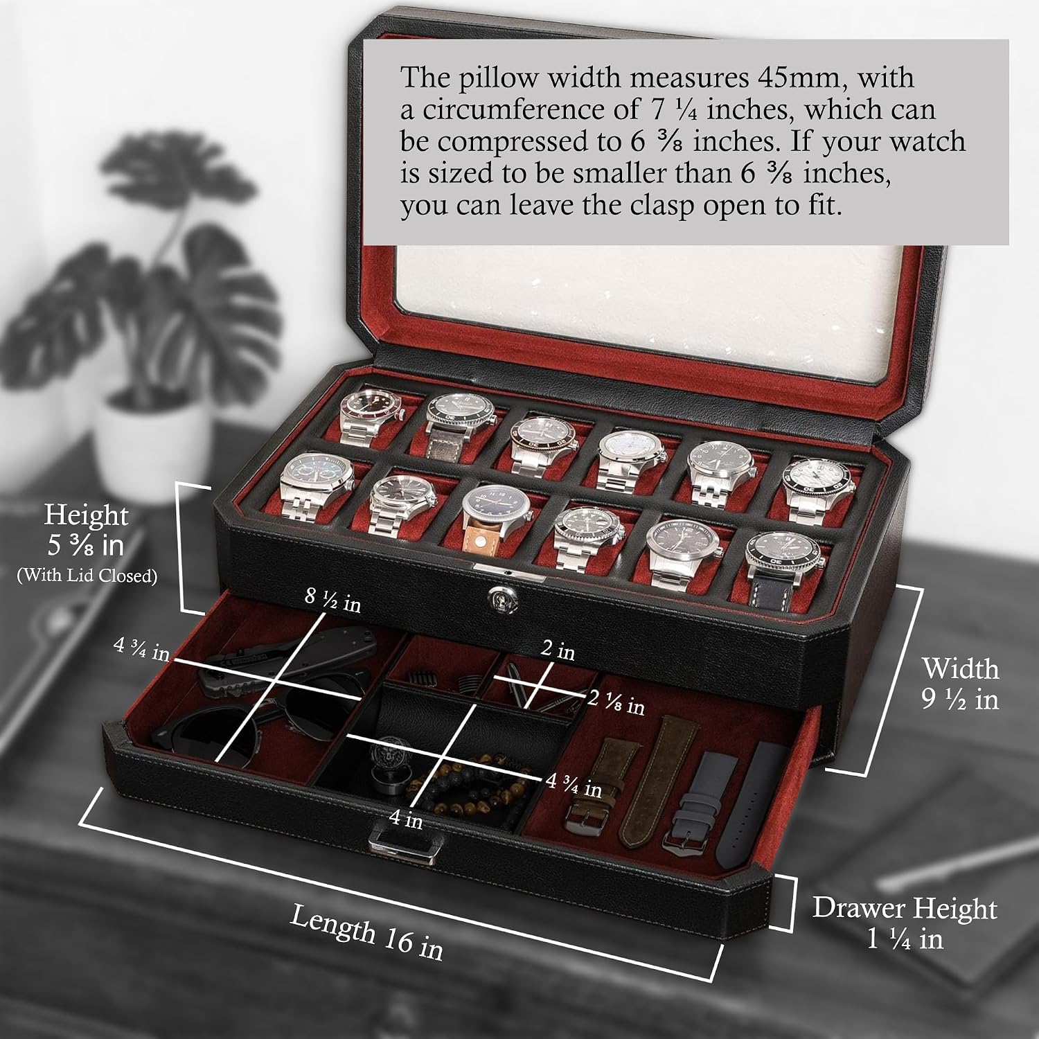 12 Slot Leather Watch Box with - Men Accessories Drawer ulasan dan harga