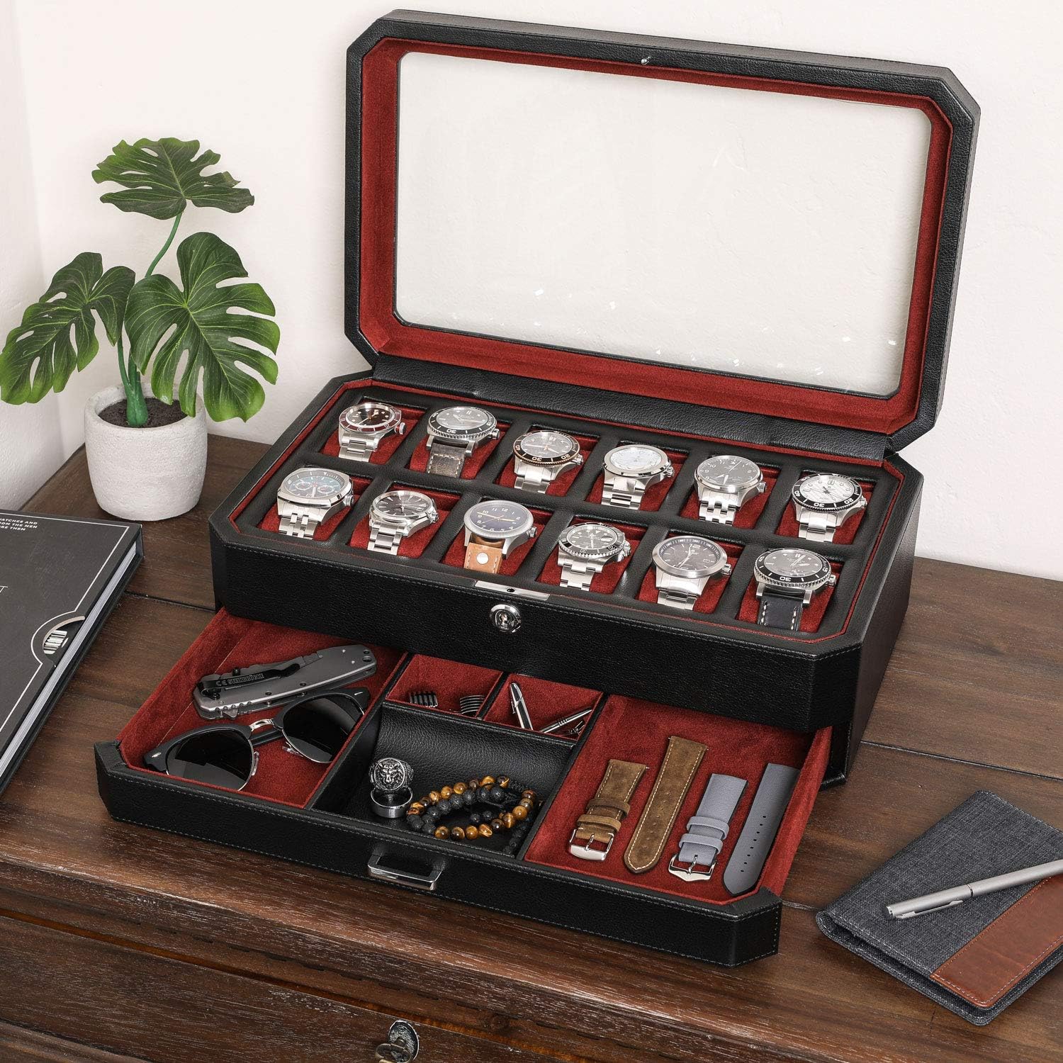 12 Slot Leather Watch Box with - Men Accessories Drawer ulasan dan harga