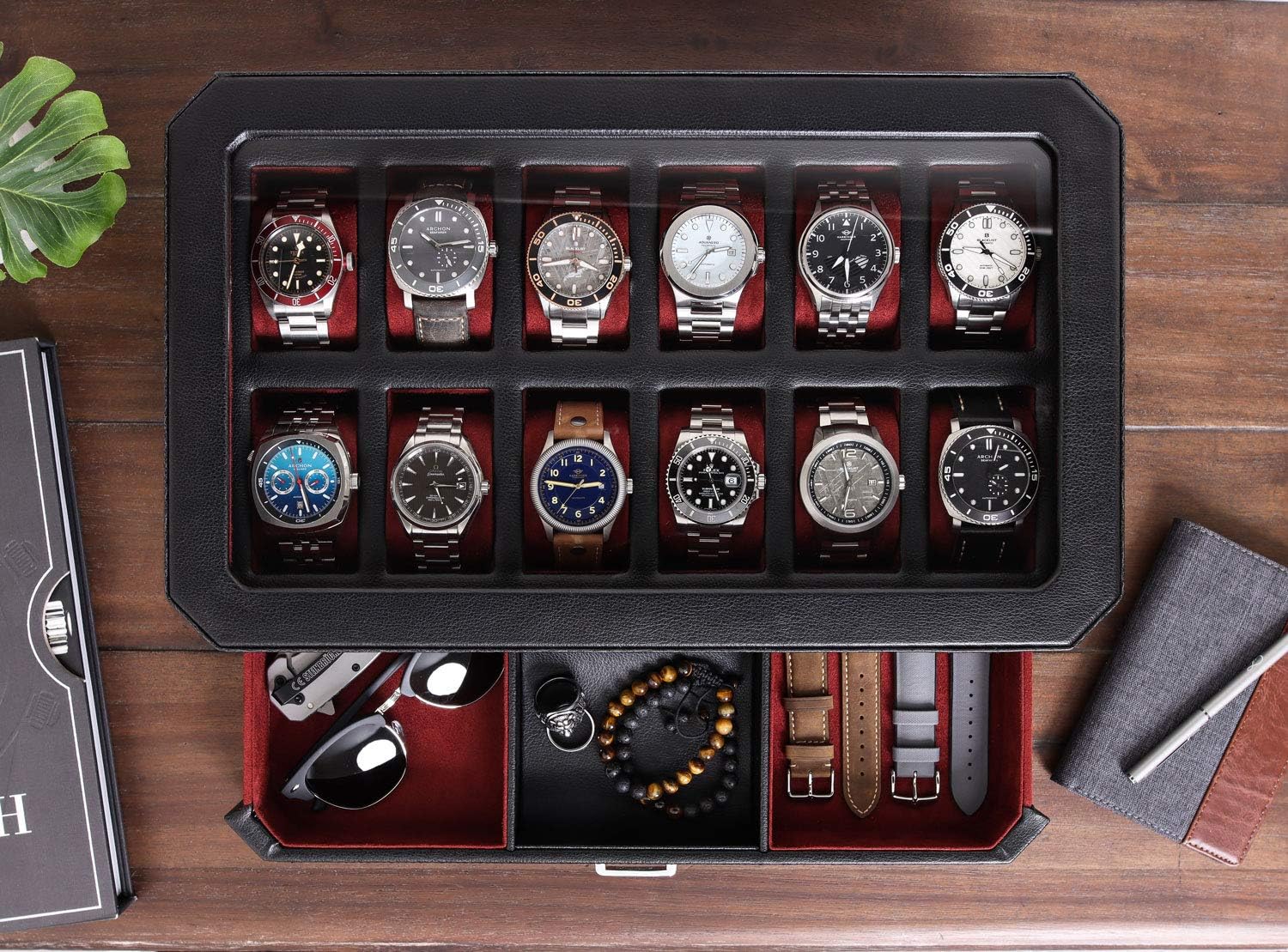 12 Slot Leather Watch Box with - Men Accessories Drawer ulasan dan harga